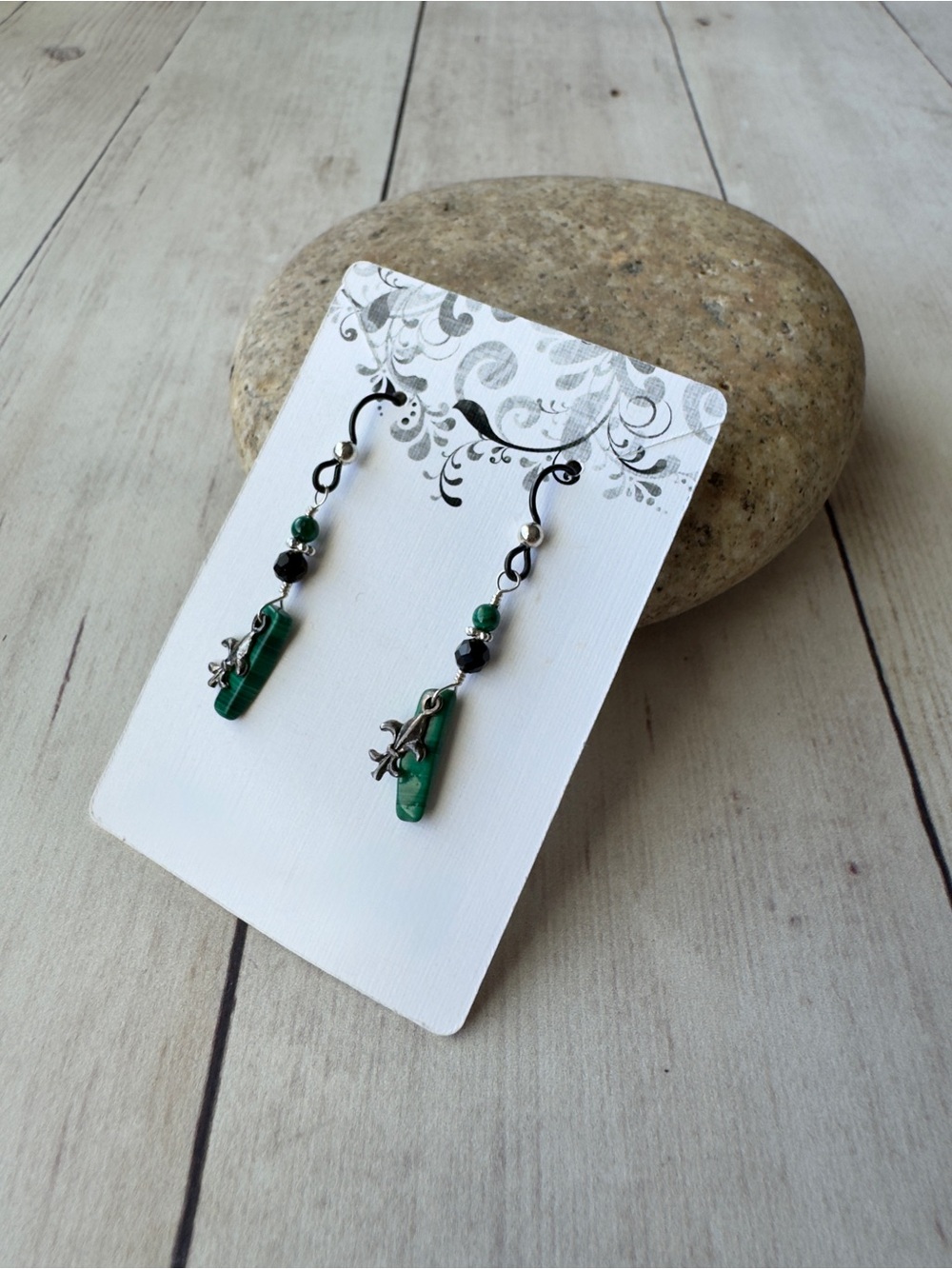 Hand Crafted Malachite and Onyx Dangle Earrings with Pewter Fleur-de-Lis Charm